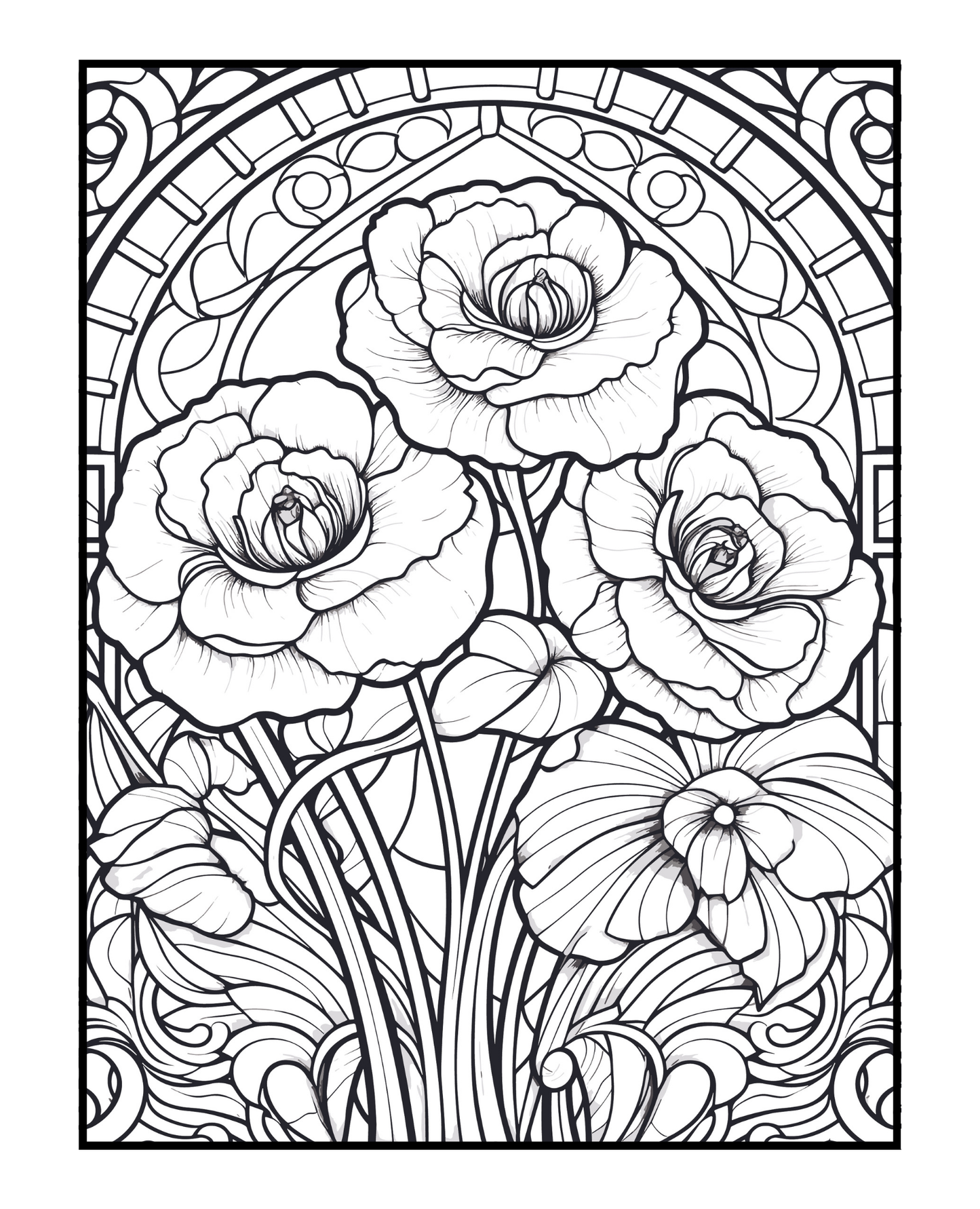 Stained Glass Flowers - Adult Coloring Book