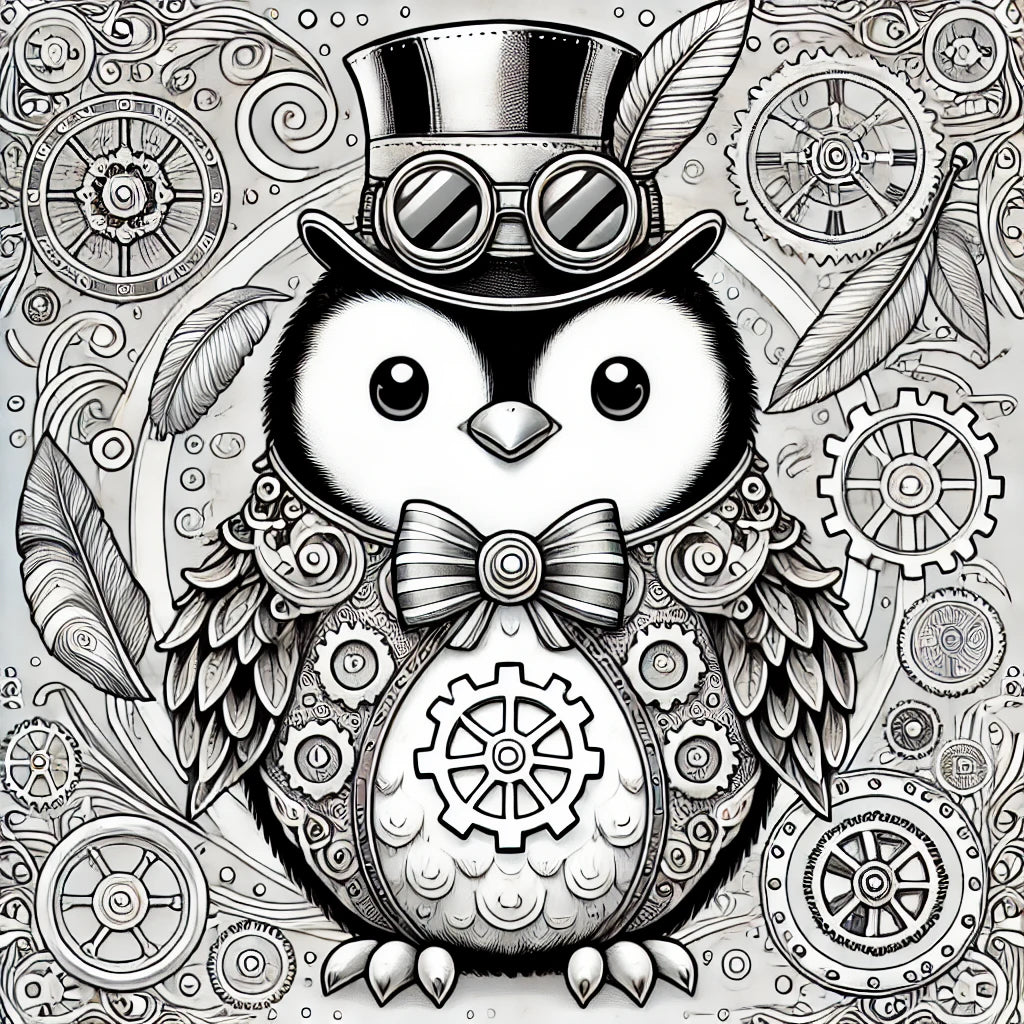 🎩 Take a Peek Into Today’s Free Coloring Page – Steampunk Penguin Style! 🐧⚙️